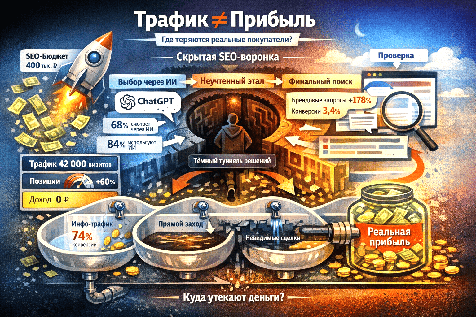SEO-продвижение с ИИ: почему трафик больше не означает прибыль — примеры вложений и доходов от сайта